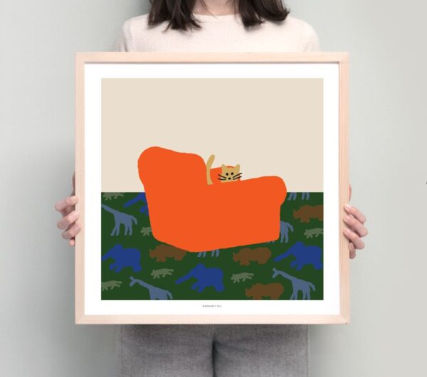 warmgrey tail poster print armchair red with cat 50x50 tykky
